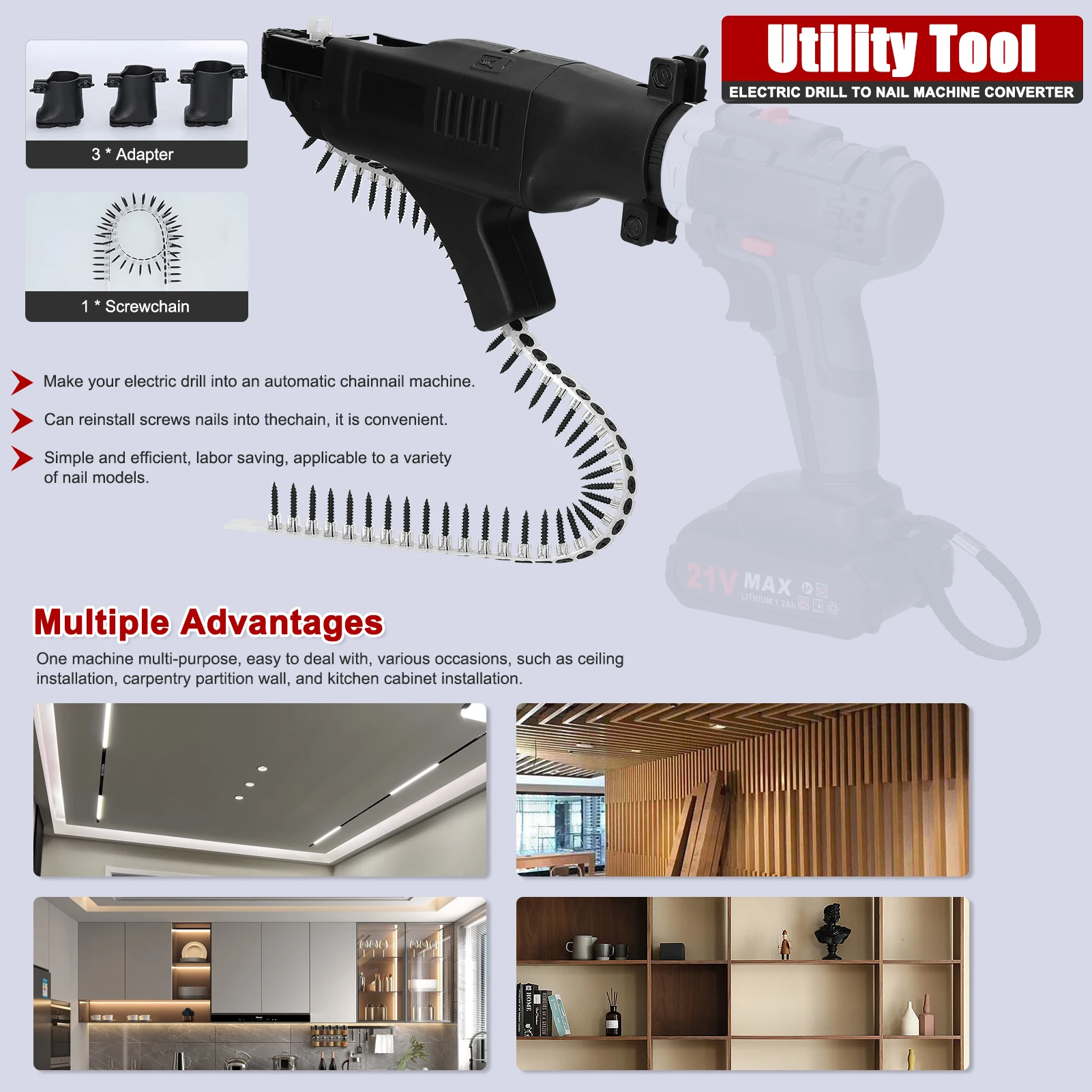 Automatic Lithium Electric Drill Chainscrew Machine Converter Cordless Staple Machine Electric Nailer Stapler Conversion Tool