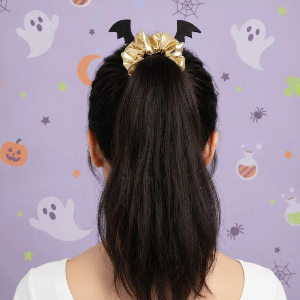 Coleteros de Halloween de alta elasticidad, metálicos brillantes en oro/plata, diadema con alas de murciélago, lazos para el pelo con agarre fuerte y diseño de araña
