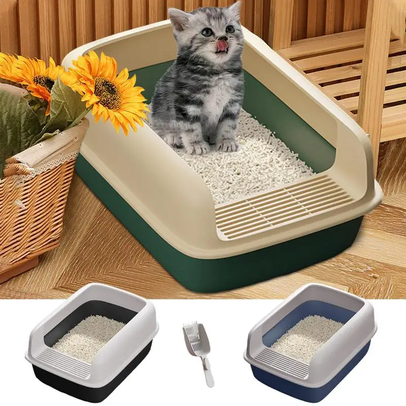 

High Wall cat toilet with Scooper cat Litter Box with High Sides Large Open Top Side Opening Cat Litter Pan Pet Supplies