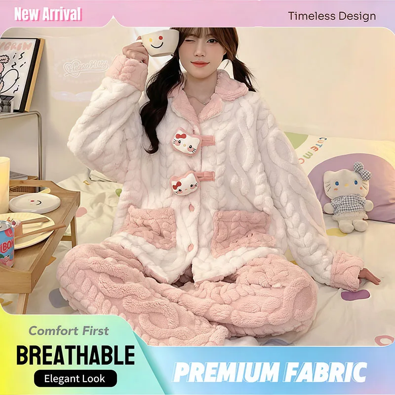 

Sanrio Hello Kitty Women's Plush Pajama Set Autumn Winter Fleece Lined Thickened Sweet Cute Kawaii Home Loungewear Sleepwear