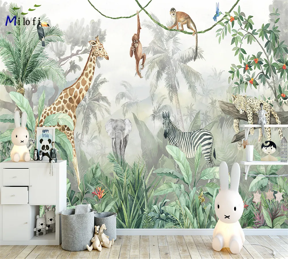 Milofi Custom Aquarel Jungle Nursery 3d Behang Muurschildering Voor Kids Kinderkamer 3d Dier Behang Sticker Art Deco