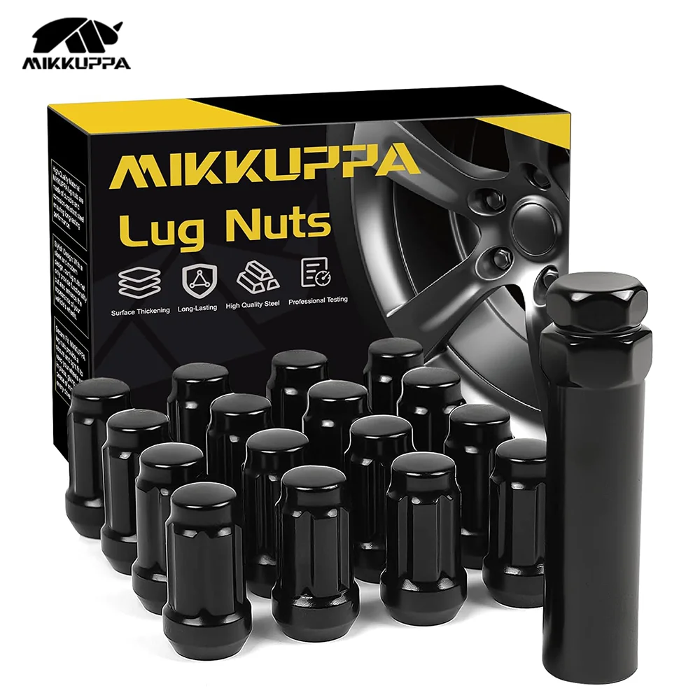 MIKKUPPA 16pcs M12x1.5 Lug Nuts - Black Spline Drive Lug Nuts - 1.4 inch Length - 17mm Hex Size - Cone Acorn Taper Seat - Includ