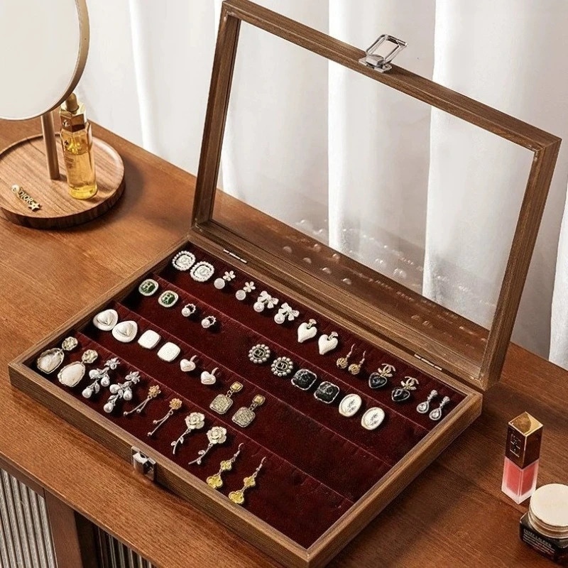 

Деревянная коробка для ожерелья, роскошные коробки для хранения колец в стиле ретро, прозрачная стеклянная витрина для сережек, органайзер для ювелирных изделий, упаковочные принадлежности