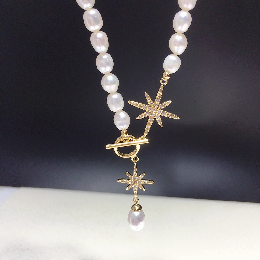 ZHBORUINI New Arrival reshwater Pearl Necklace Rice Shaped Hexagram Premium Jewelry with Inlaid Zircon Elegant Birthday Gift