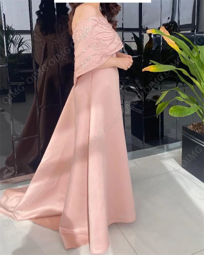 OIMG Pink Shiny Sequins Dubai Couture Evening Dresses Off Shoulder Prom Dress Party Gowns Special Occasion Dress Robe De Soiree