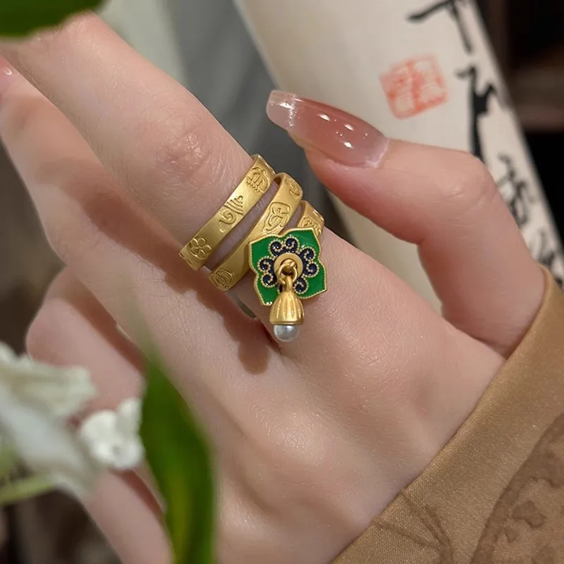 New in Charm Green Enamel Flower rings for women Fashion ethnic style Elegant Unique Pearl Ring Banquet fine Jewelry Gift