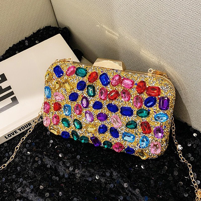 

Luxury Colorful Diamond Square Clutches Purses For Women Wedding Party Evening Bags Banquet Prom Chain Shoulder Bag Crossbody