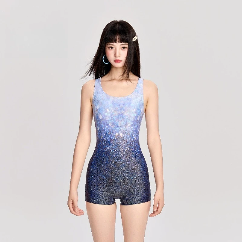 

Women's Plus Size Conservative Swimsuit - Night Shimmer Gold High-Waisted Professional Racing Training One-Piece for Students