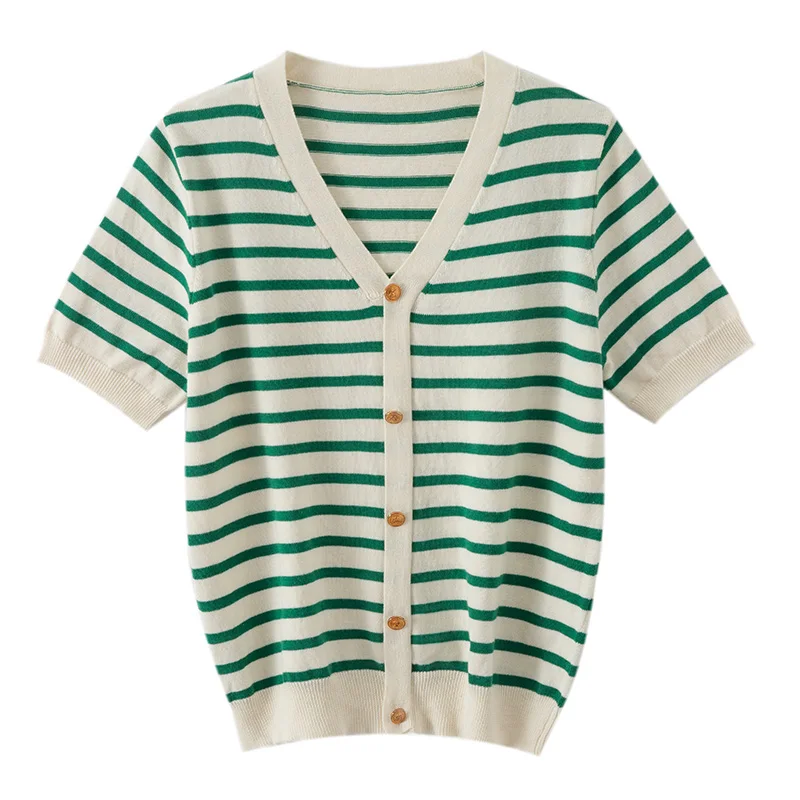 2026 summer new product V-neck striped contrasting pure cotton knitted short sleeved top