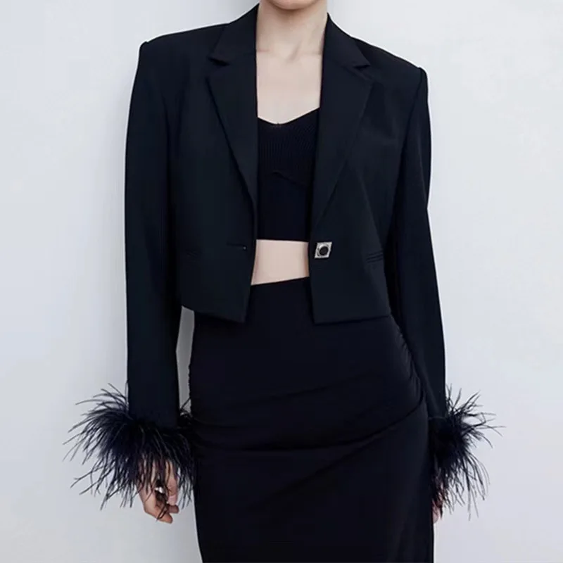 

Black Feather Sleeve Short Suit Jacket Women's Heavy Embellished Diamond Trim Tassel Shoulder Pad Lightweight Polyester Sprin...