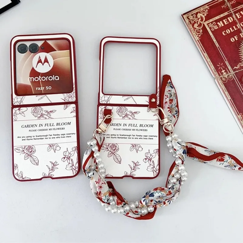 

For Motorola Razr 50 60 40 Ultra Sketching Flowers Pattern Phone Case Silk Scarf Bracelet PC Hard Shell Protective Back Cover