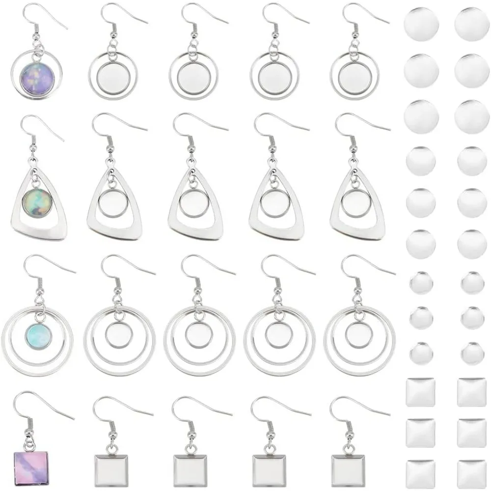 12 Pairs 4 Styles Glass Blank Dome Dangle Earrings Stainless Steel Earring Bezel Settings Triangle Ring Square Cabochon Base