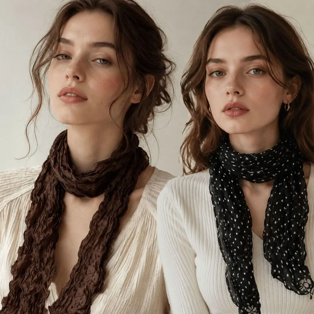 Cotton Linen Polka Dot Scarf Sunscreen Shawls Wrinkle Twisted Chiffon Scarf Lightweight Soft Pleated Scarves Air Conditioner Use