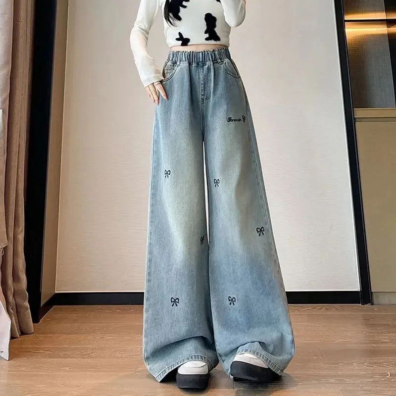 Plus size cintura alta reta perna larga jeans cintura elástica outono inverno calças jeans para mulher m/6xl até 100kg