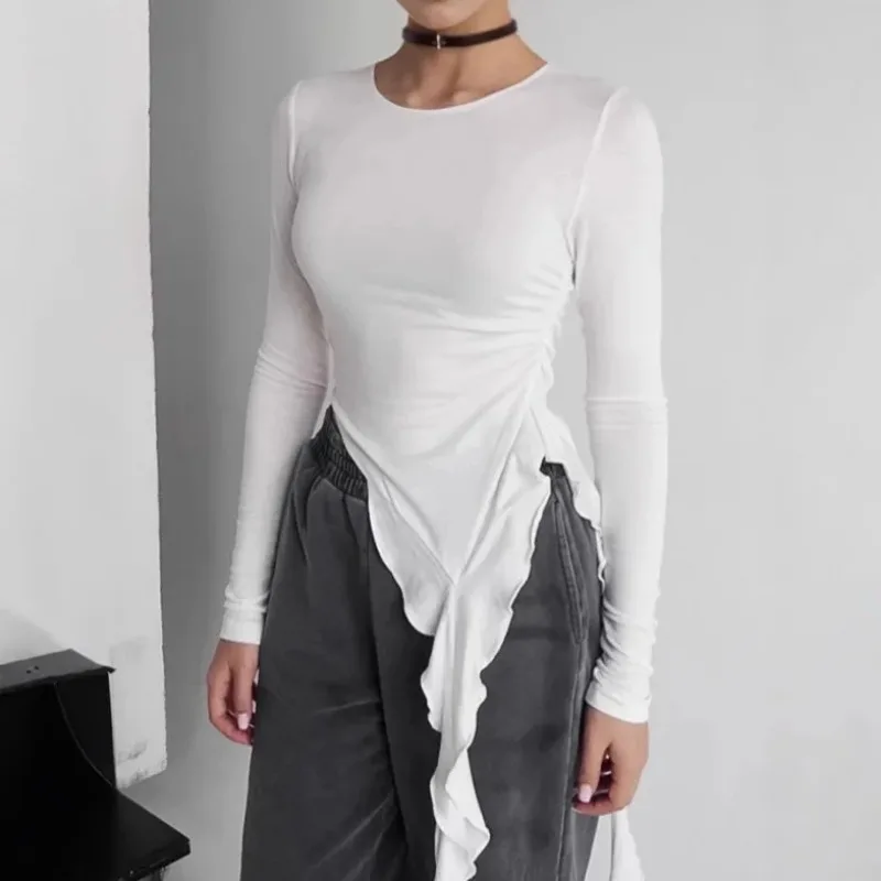 

2025 Spring New Solid Color Knitted Top Fashionable Round Neck Long Sleeve Irregular Ruffle Design Slim Fit Comfortable T-shirt