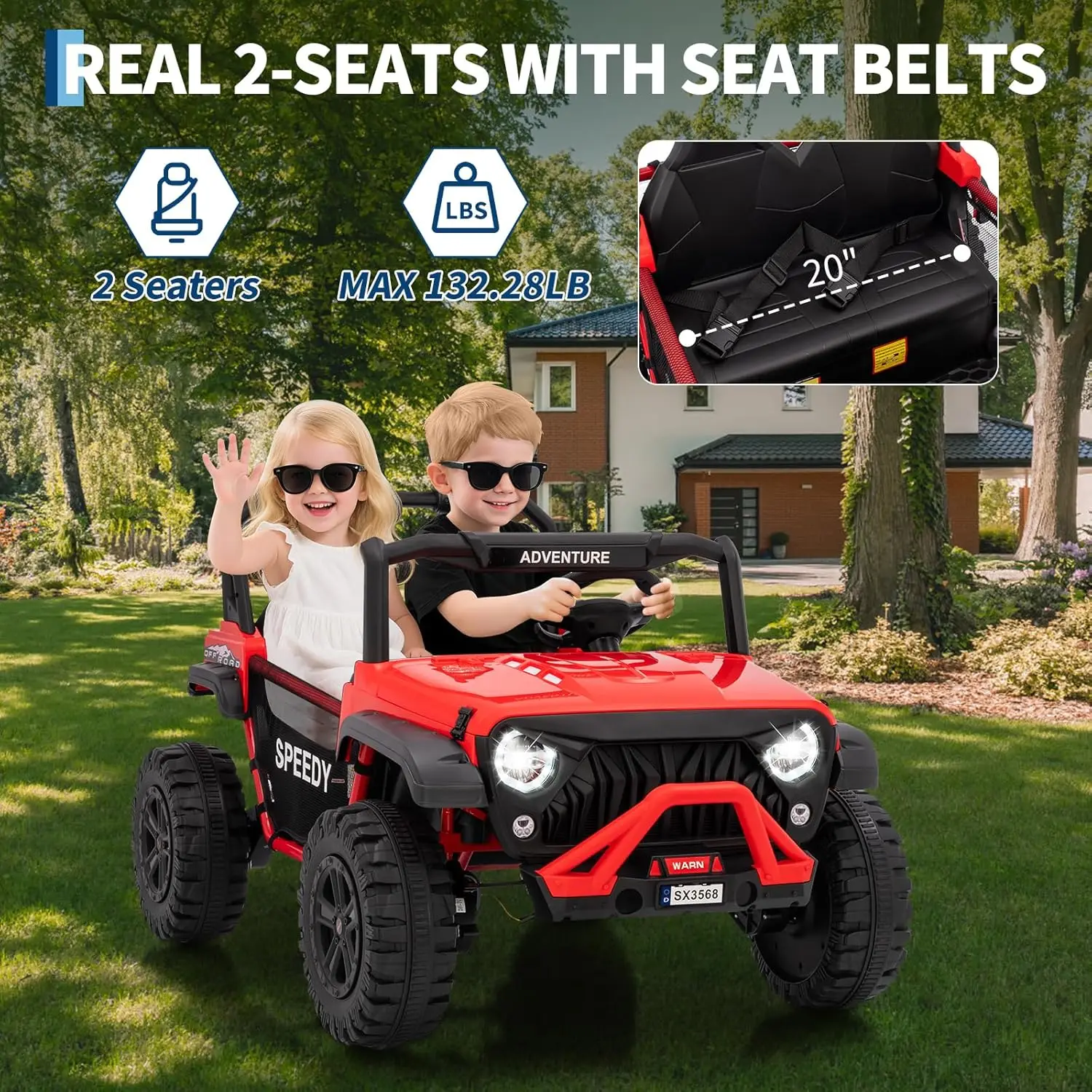 2 Seater Ride on Car for Kids, 24V 4WD Kids Electric Vehicles Ride on Toys with RC/Spring Suspension/LED Lights/Music, 3 Speeds