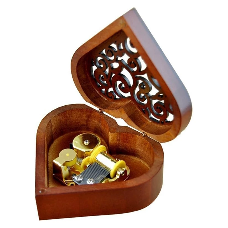 F- Heart Shape Wooden Carved Mechanism Musical Box Wind Up Music Box, Gift For Christmas/Birthday/Valentine's Day