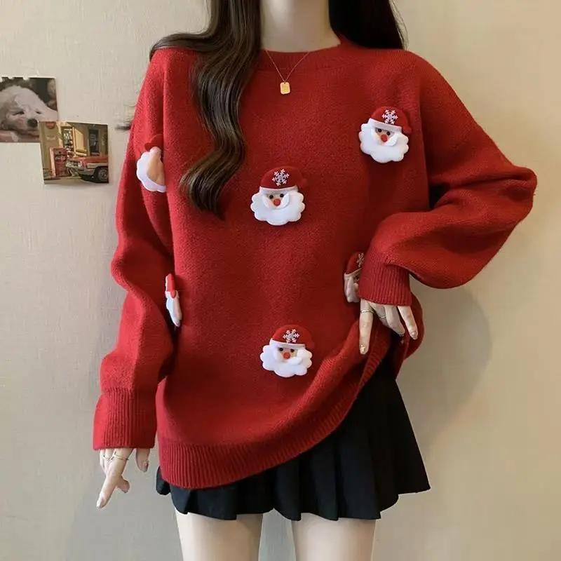 Women's New Year's Eve Knitted Three-dimensional Santa Claus Wearing a Lazy Autumn Winter Lazy Style Loose Top