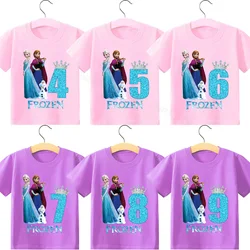 Disney Frozen Birthday Clothing for Girls Princess Number T Shirt Anna Elsa Pattern T-shirt Baby Girl Tee Tops Cartoon Clothes