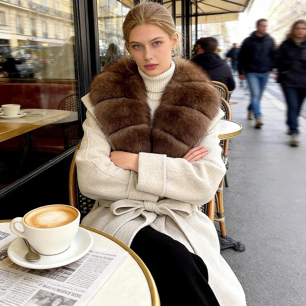 

Шерстяное пальто с натуральным мехом, модная женская роскошная одежда, дизайнерское пальто для женщин, верхняя одежда, новинка в категории верхней одежды