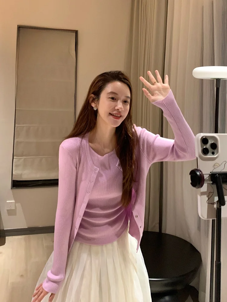 

Вязаный комплект Tianli Шелковый вязаный кардиган Slim Fit een Fiber Long Sve круглый Ne Regular Thin Pure Color