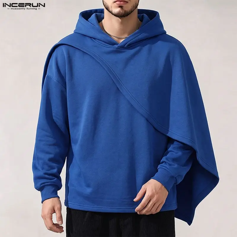 Men's Hoodies Solid Color Hooded Long Sleeve Irregular Sweatshirts For Man Streetwear Loose Stylish Casual Cape Ponchos INCERUN