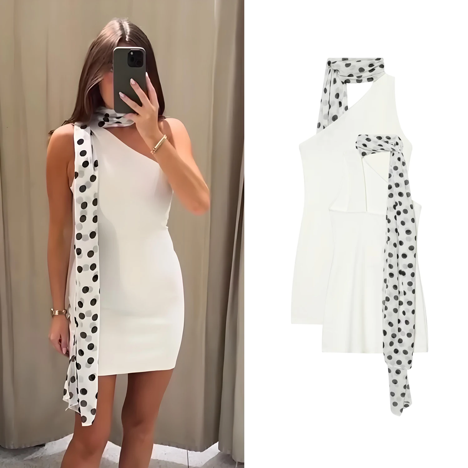 

Новое летнее женское элегантное облегающее асимметричное однотонное короткое платье-халтер с шарфом в горошек для вечеринок