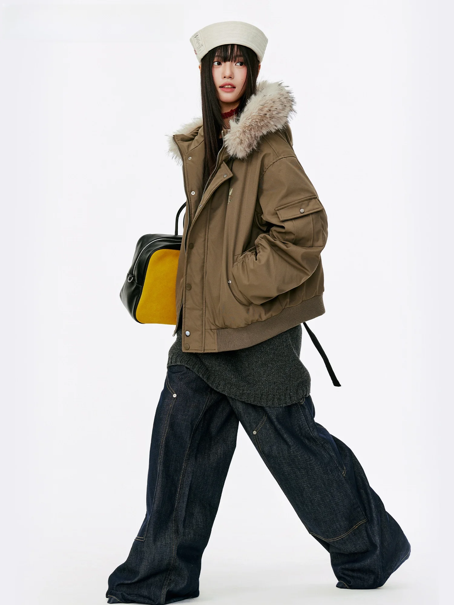 

Thiened Cotton Parka Jaet Women's Winter Coat with Fur Collar Workwear Sle Korean Loose Fit Printed Polyester Inner