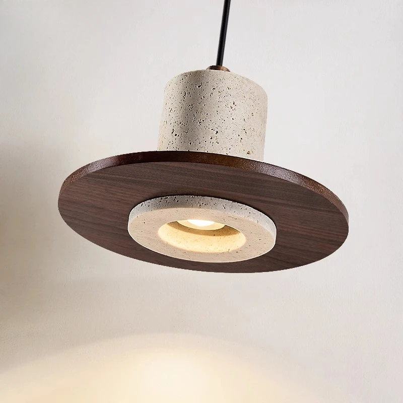 Japanese Wabi-sabi Rotundity Wooden Pendant Lights Cylindrical Yellow Travertine Hanging Lamps Living