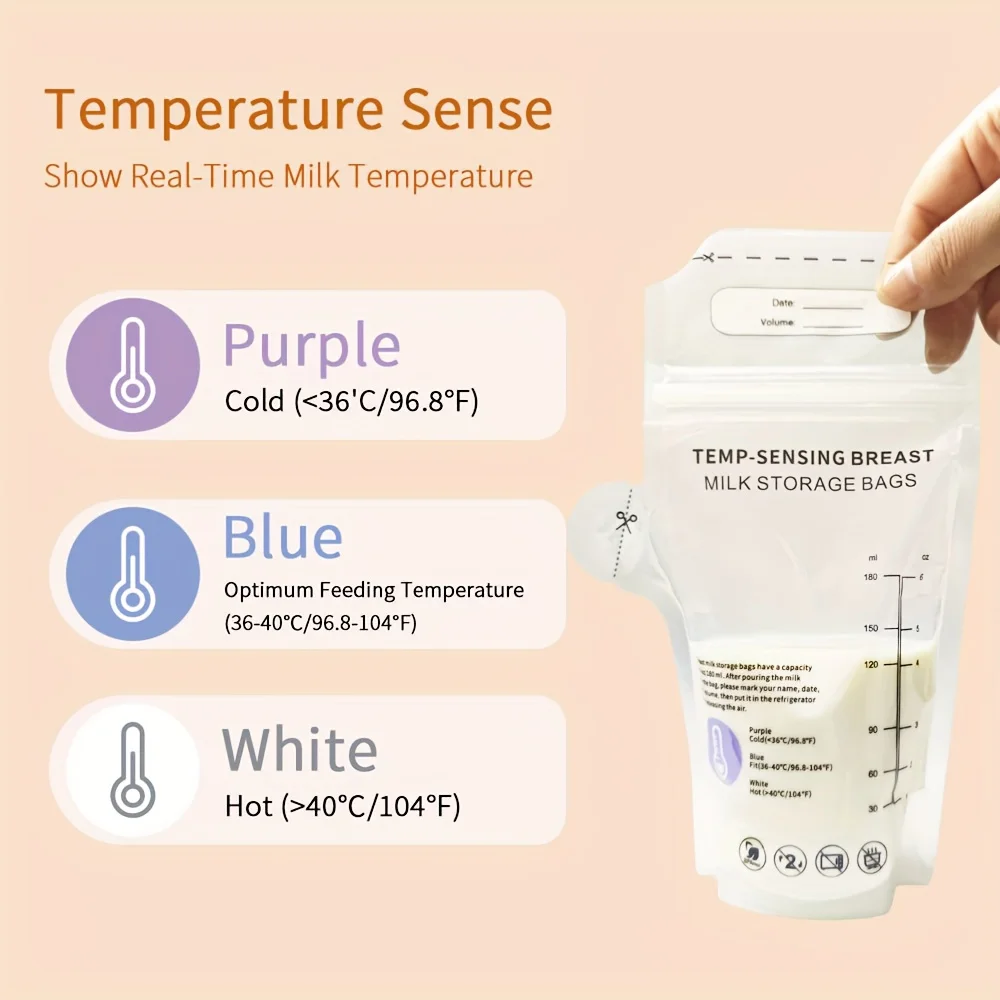 30 sacos de armazenamento de leite materno dos pces, saco de armazenamento de leite materno de 6oz com bico de derramamento, saco de leite de mudança de cor de detecção de temperatura