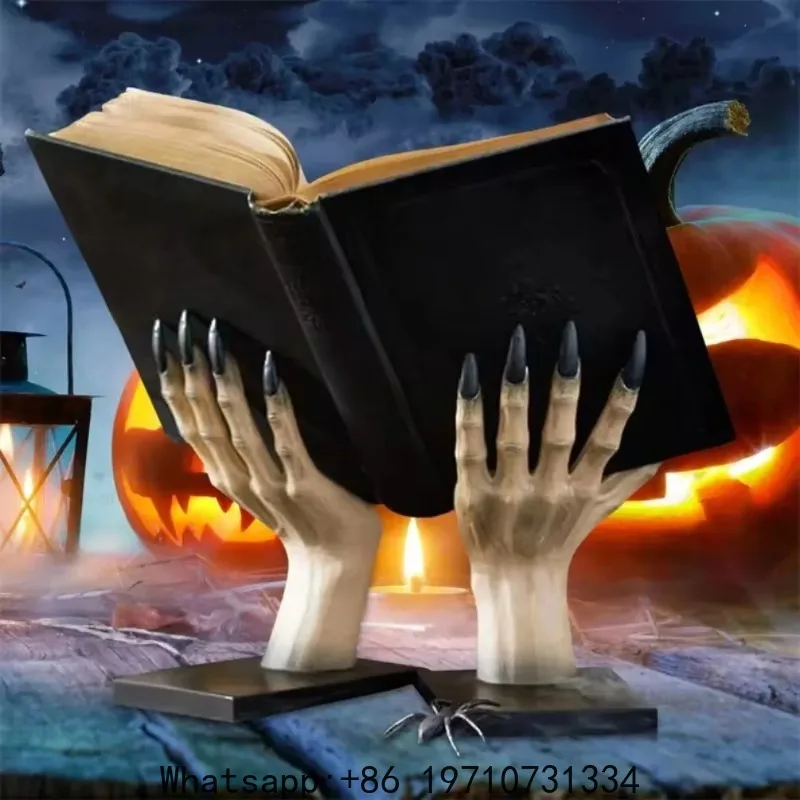 

Halloween Hand Book Stand Resin Statue Bookshelf Scary Party Tabletop Home Decoration Witch Book Holder Bookcase Bedroom Desk