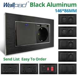 Wallpad Black Aluminum Panel 5 6 7 8 Gang 2 Way Reset Wall Light Switch With LED Dimmer USB EU Socket 146*86mm 110 220V