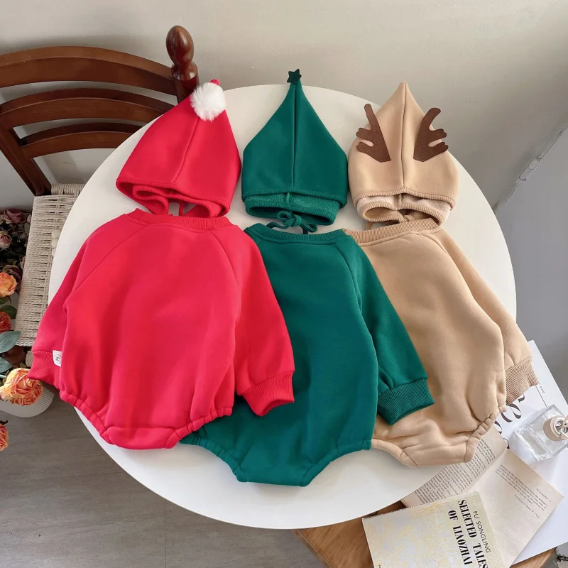 Zestaw ubranek dziecięcych dla dziewczynek i chłopców, ubrania z długim rękawem dla niemowląt i dzieci, świąteczny pajacyk typu haremki do raczkowania + spodnie + czapka, 3-częściowy komplet