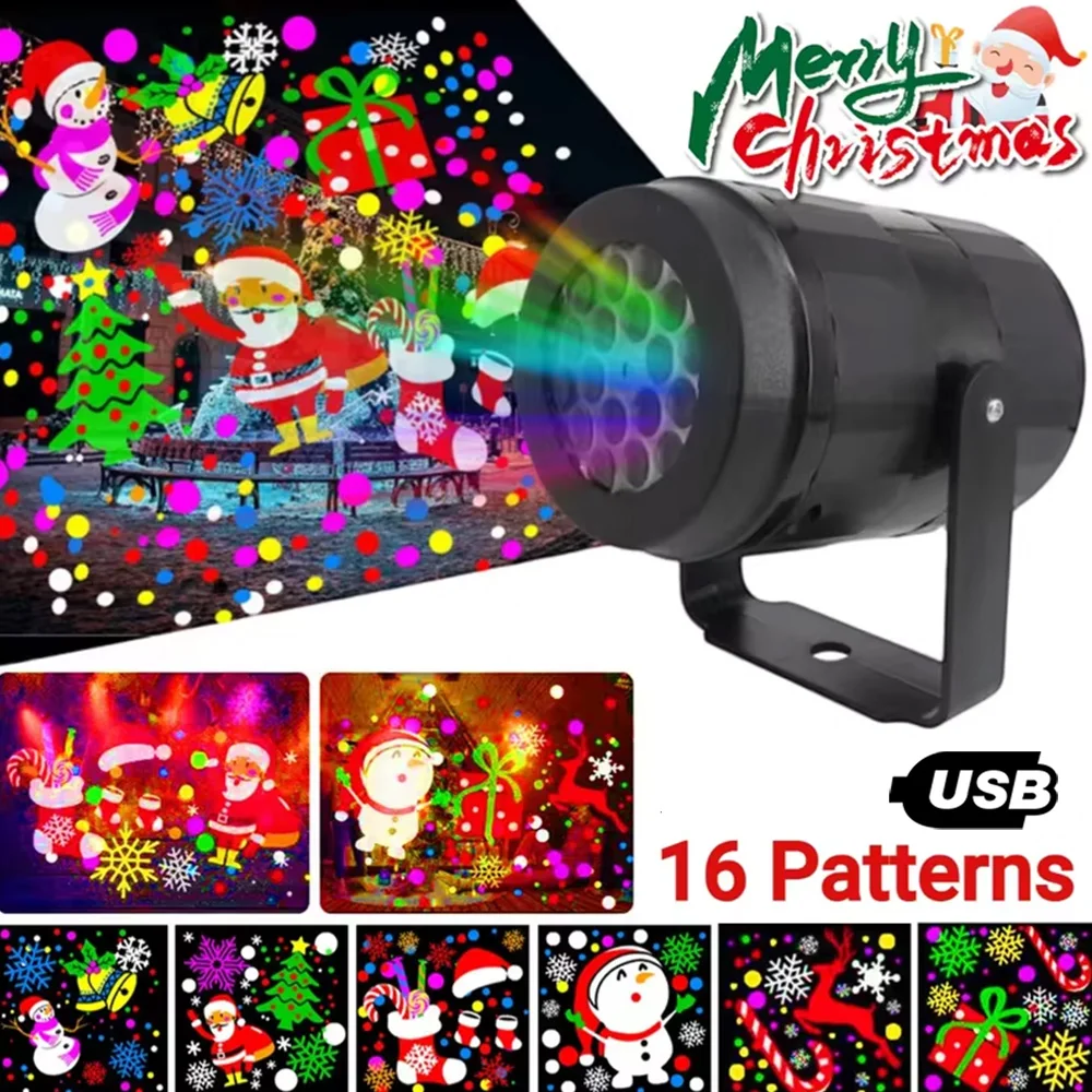 USB Christmas LED Projector Light Rotatable 16 Christmas Pattern Projection Lamp Snowman Santa Reindeer For Xmas Festival Decor