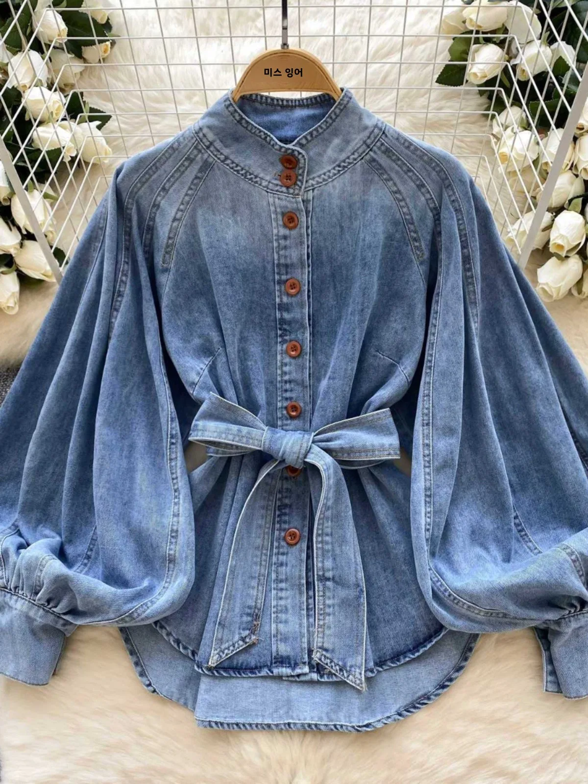 South korea Dongdaemun Early Spring New Stand Collar Denim Long sleeve Shirts Ins Waist Temperament Loose  Shirt Fashion