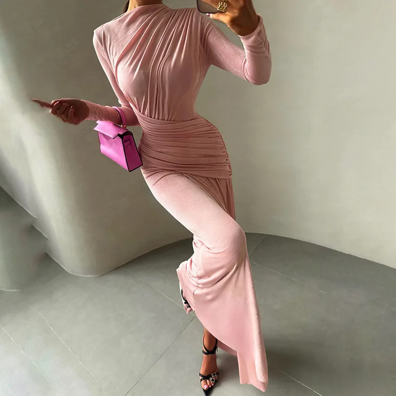 2025 Autumn and Winter New Fashion Temperament Solid Color Round Neck Long Sleeve Pleated Slim Dress Women