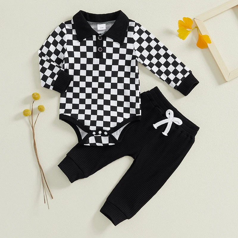 

0-18 Months Baby Boys Fall Outfits Checkerboard Print Buttons Long Sleeve Rompers Solid Color Long Pants 2Pcs Clothes Set