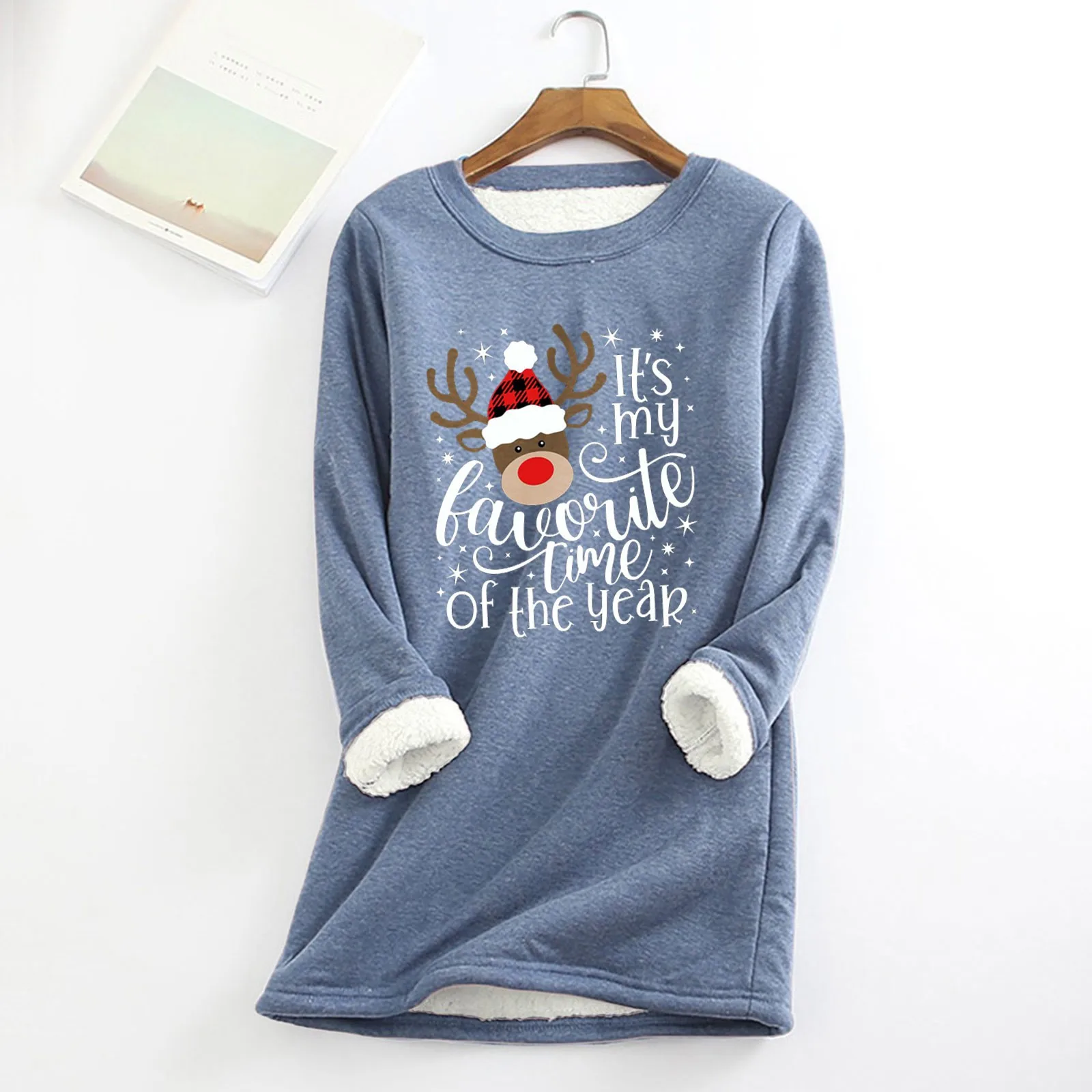 

Fall Winter Women Warm Sweater Elk Lette Print Thick Fleece Christmas Hoodies Sweatshirt O-Neck Soft Underwear Top New Clothing