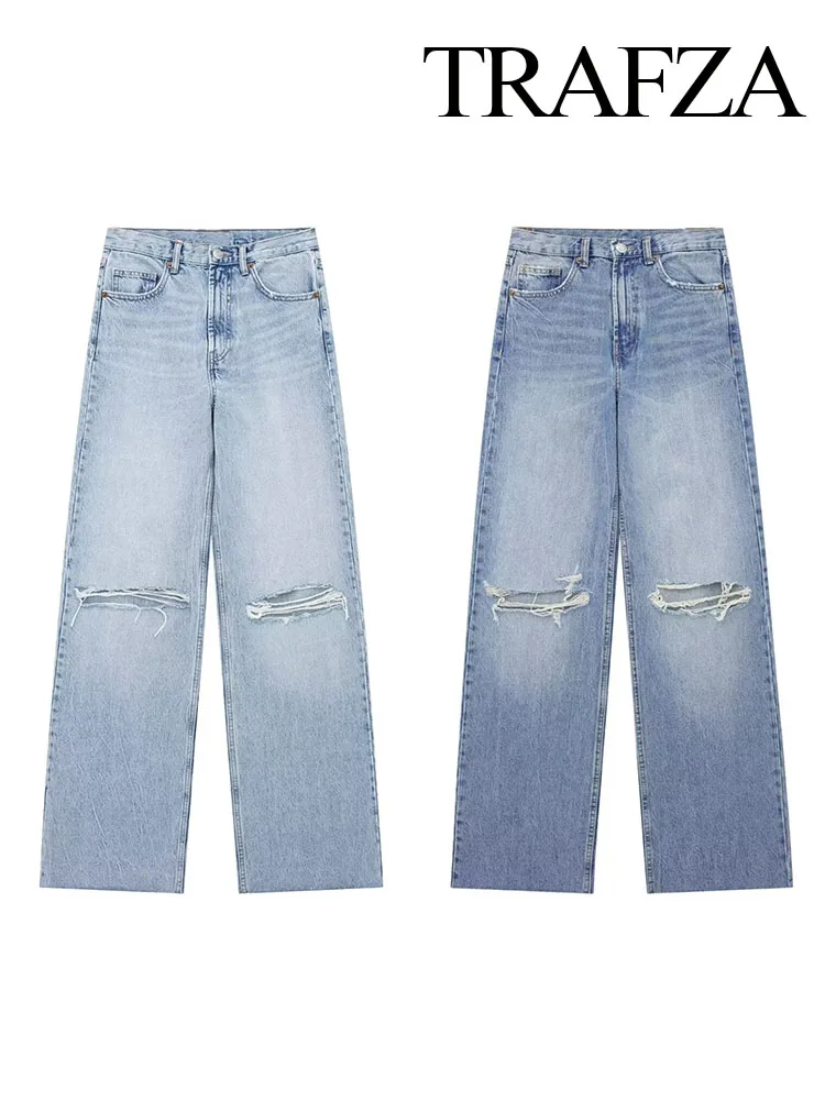 

TRAFZA Women Fashion Blue Baggy Jeans Ripped Denim Pants Woman High Waist Wide Leg Pants Y2K Streetwear Women's Trousers
