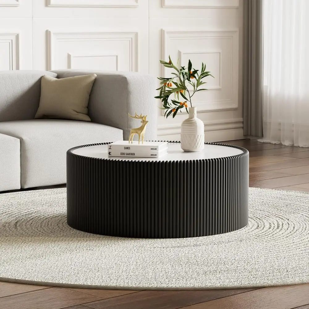 

29.52 Round Coffee Table with White Sintered Stone Top and Black PU Leather, Ideal for Living Room, Ready to Use