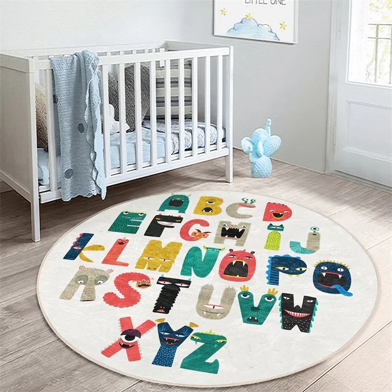Alphabet Letters Animal Train Round Rug – Non-Slip Educational Floor Mat | Beige Kids' Room Area Rug for Toddlers, Learning Play