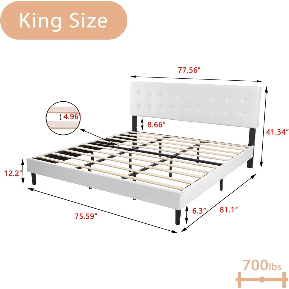 King Size Bed Frame with Button Tufted Linen Headboard, Bed Frame