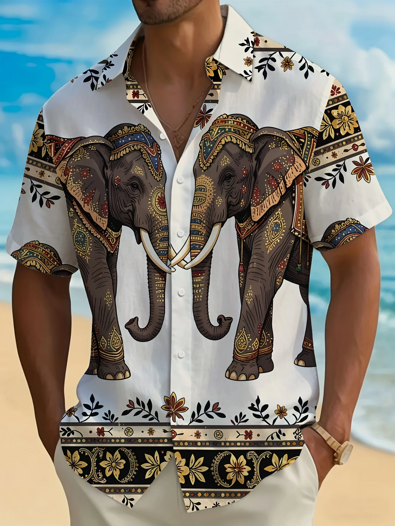 Men's Hawaiian Short Sleeve Shirt Vintage Colorful Elephant Animal Print Turn Down Collar Casual Beach Holiday Top Mens Clothing
