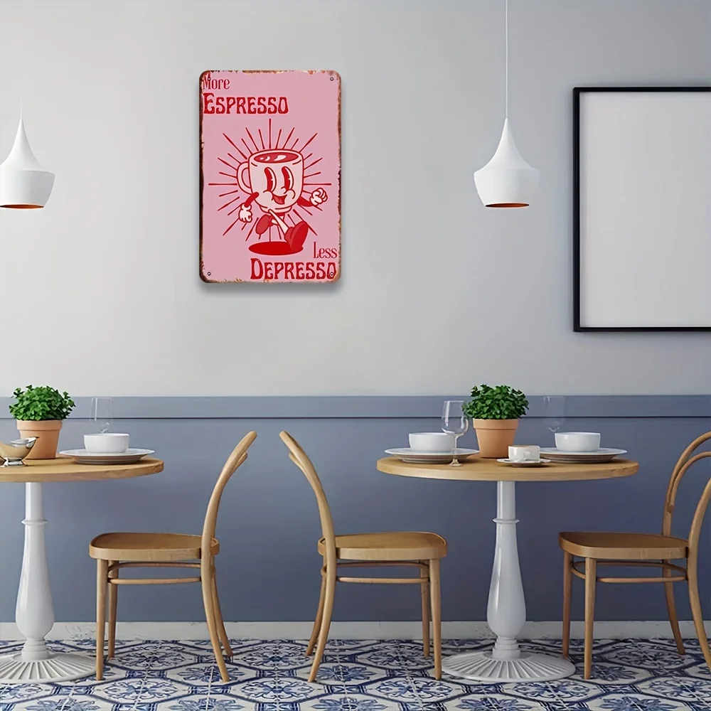 Vintage More Espresso Less Depresso Metal Sign - Retro Funny Coffee Cup Quote Wall Art Decor Plaque for Kitchen Office