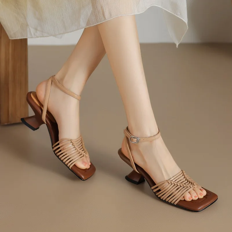 2024 Summer New Knitted Square Head Open Toe Elegant High Heels with Skirt One Line Buckle Silver Hollow Sandals for Women