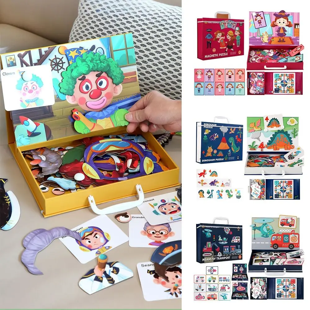 Multicolorido magnético vestir-se quebra-cabeças padrão dos desenhos animados adesivos magnéticos de madeira ferramenta tráfego mudando vestido jogos montessori