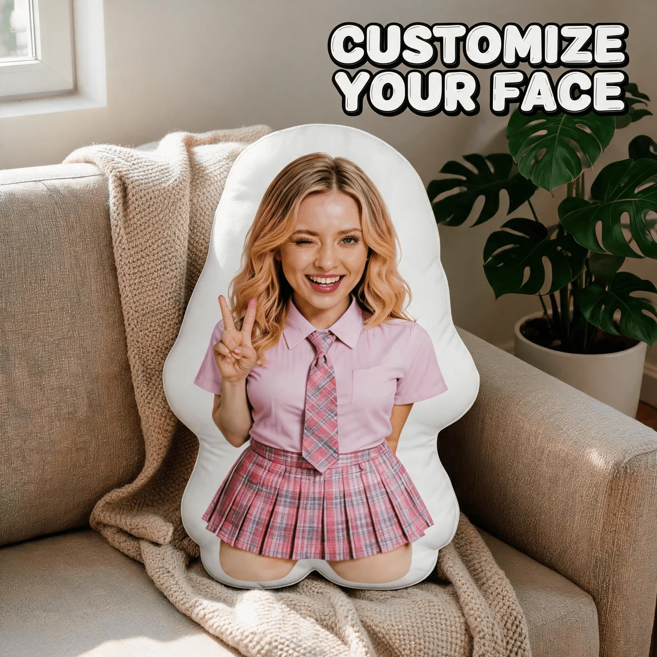 Custom Photo Shaped Pillow, Personalized Picture of in Pink Plaid School Uniform Making Peace Sign, Decorative Cushion for Sofa