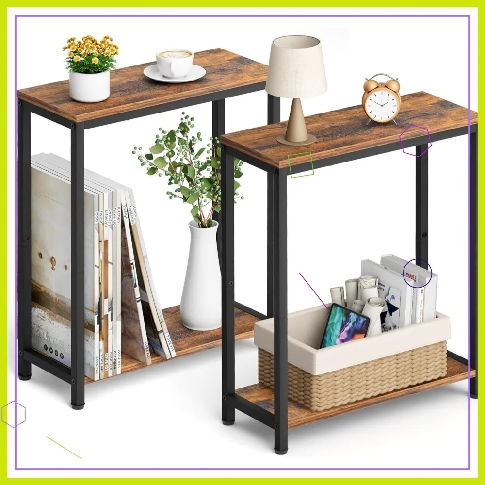 

Narrow End Tables Set of 2, Slim Side Table for Small Spaces, Rustic Brown and Black Nightstands