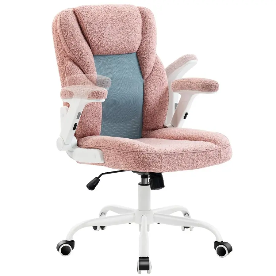 Pink Home Desk Office Chair with Arms and Wheels, Comfortable Executive Computer Chair, Breathable Mesh and Teddy Fleece Fabric