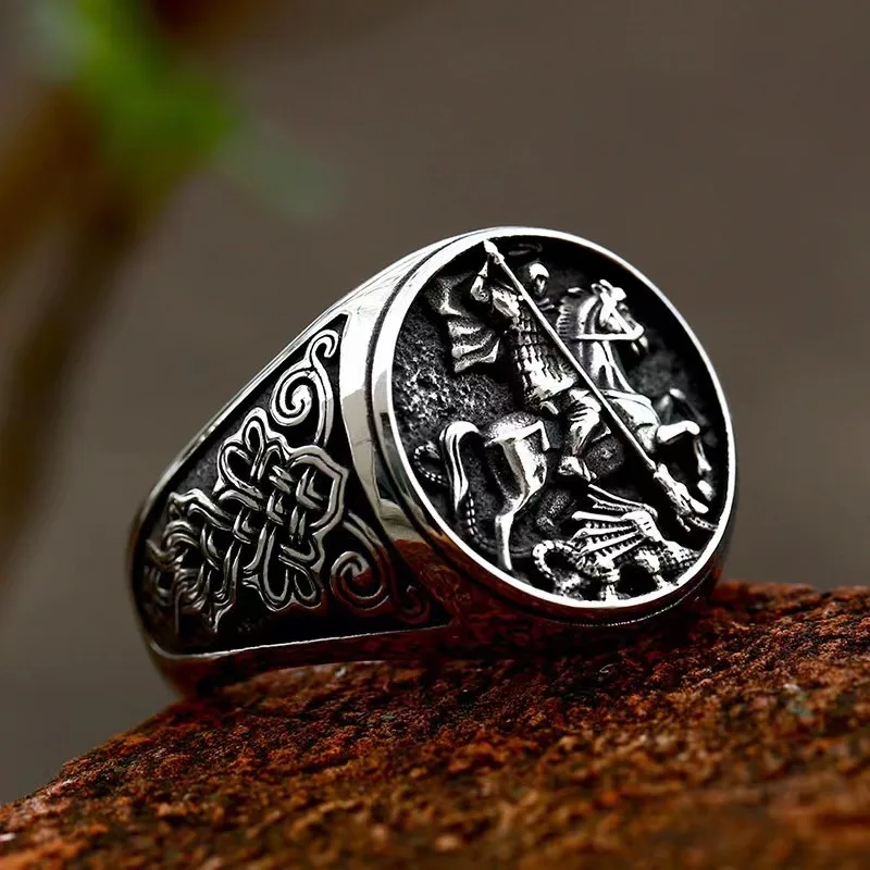 Vintage St George and The Dragon Rings for Men Stainless Steel Jewelry Soldier's Protector Courage Luck Ring on The Battlefield